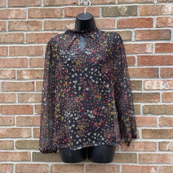 Dark Floral Fairy Grunge Whimsigoth Sheer Blouse Mock Neck Layering Tee medium - Picture 1 of 12